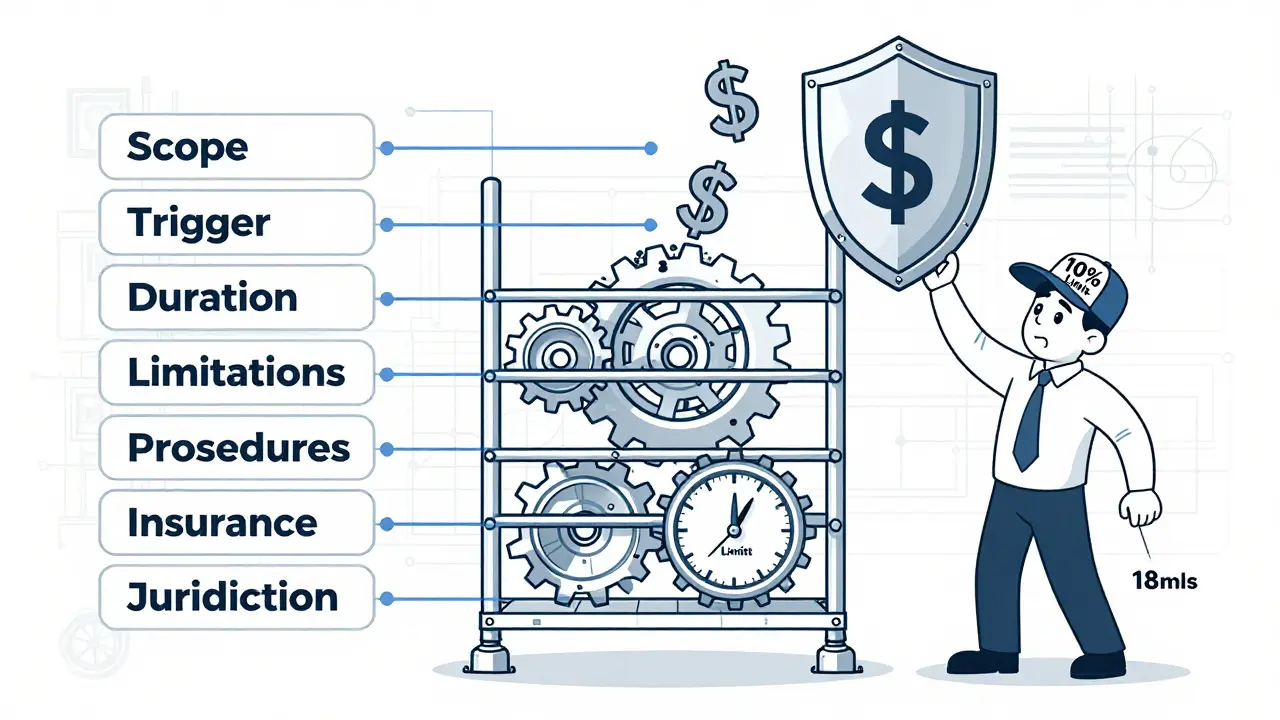 Seven-part indemnification clause as a mechanical scaffold with buyer protected by a shield and seller holding limits.