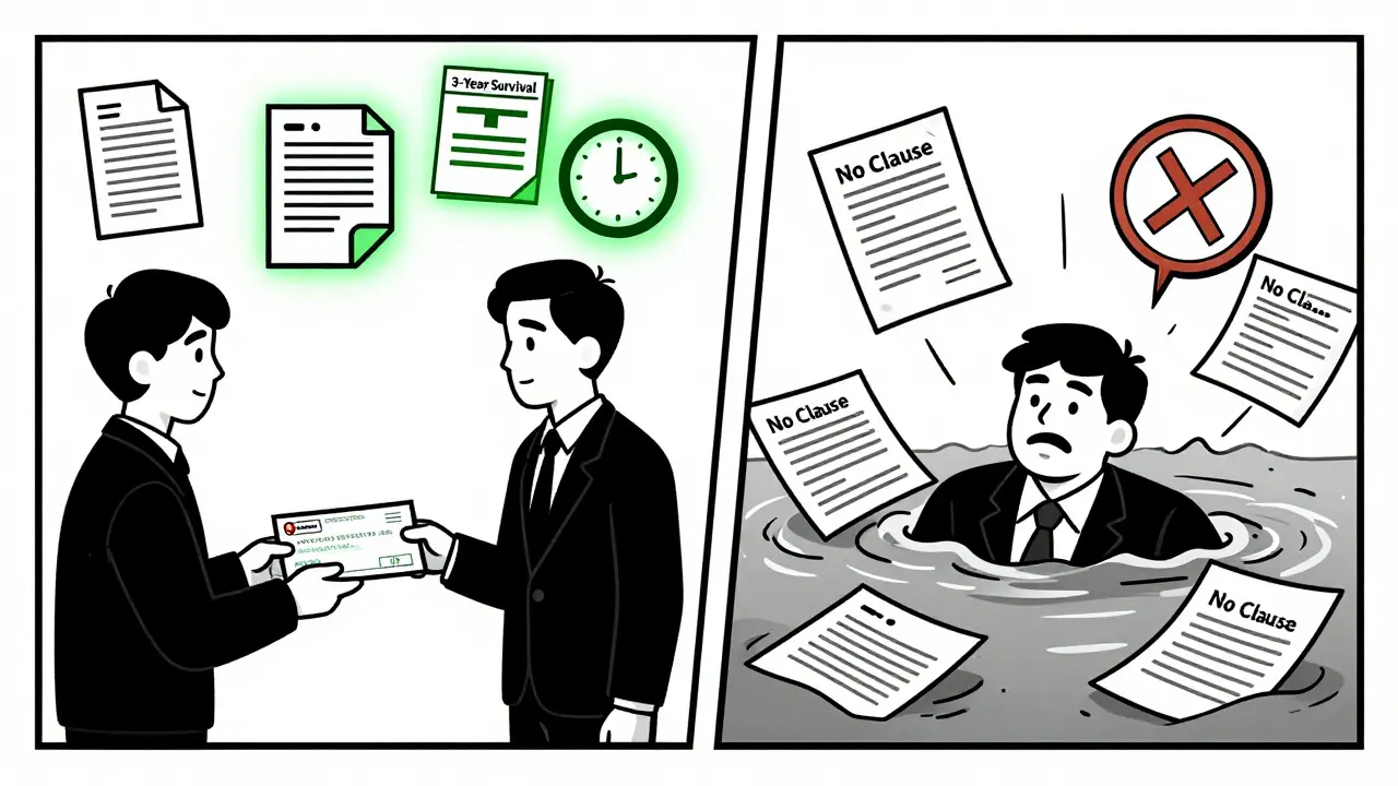 Side-by-side: buyer paid after breach vs. buyer drowning in legal papers due to no indemnification clause.