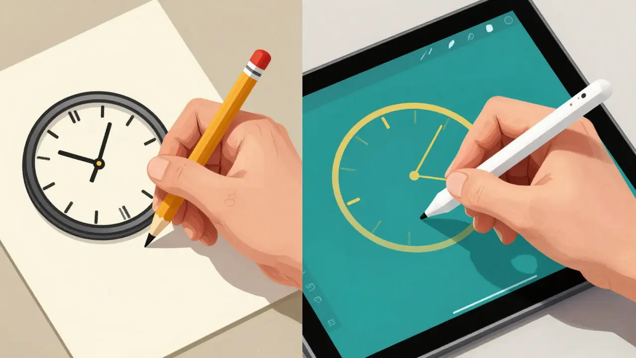 Side-by-side comparison of a shaky paper clock drawing versus a smooth digital path with real-time performance metrics.