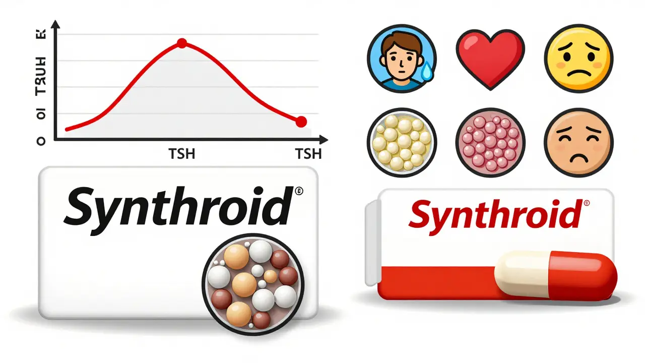 Side-by-side comparison of branded and generic levothyroxine pills with TSH level changes after switching.