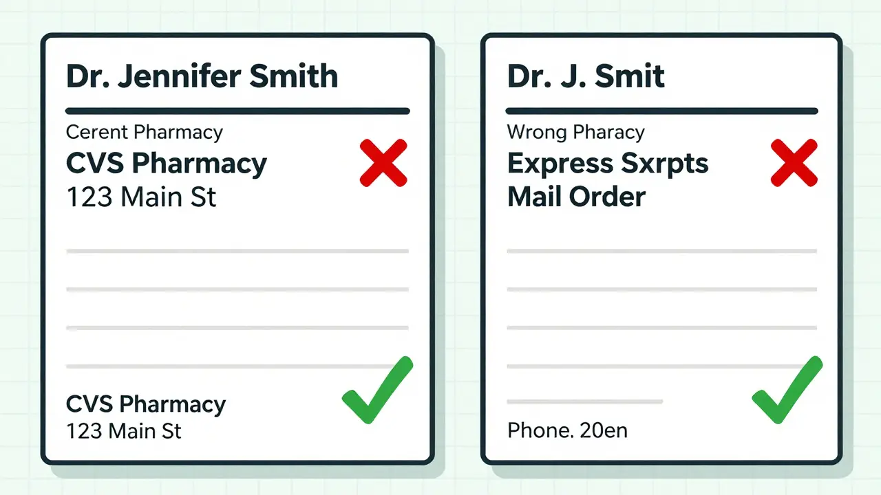 Side-by-side comparison of correct and incorrect prescription labels with error markers.