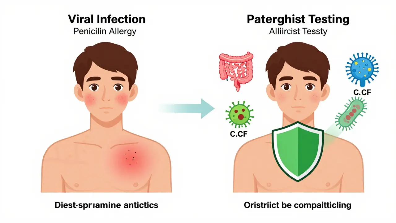 Side-by-side comparison of incorrect penicillin allergy label vs. correct testing leading to safe antibiotic use.