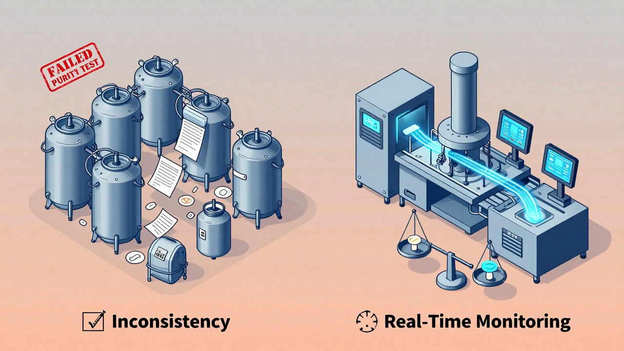 Side-by-side comparison of outdated batch processing vs modern continuous drug manufacturing.