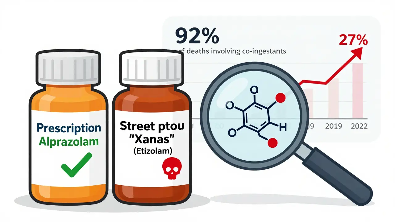 Side-by-side comparison of prescription vs. illicit benzodiazepine pills with chemical structures and death statistics graph.