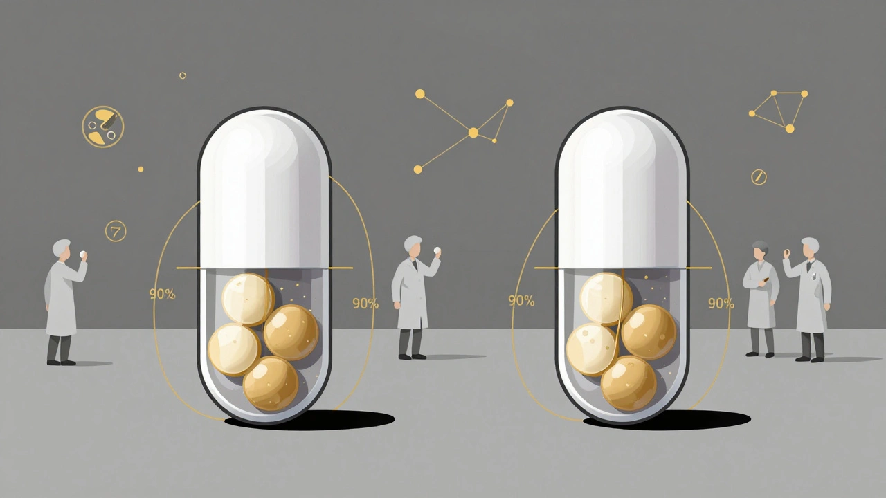 Side-by-side generic and brand pills with absorption curves enclosed in a 90% confidence interval ellipse.