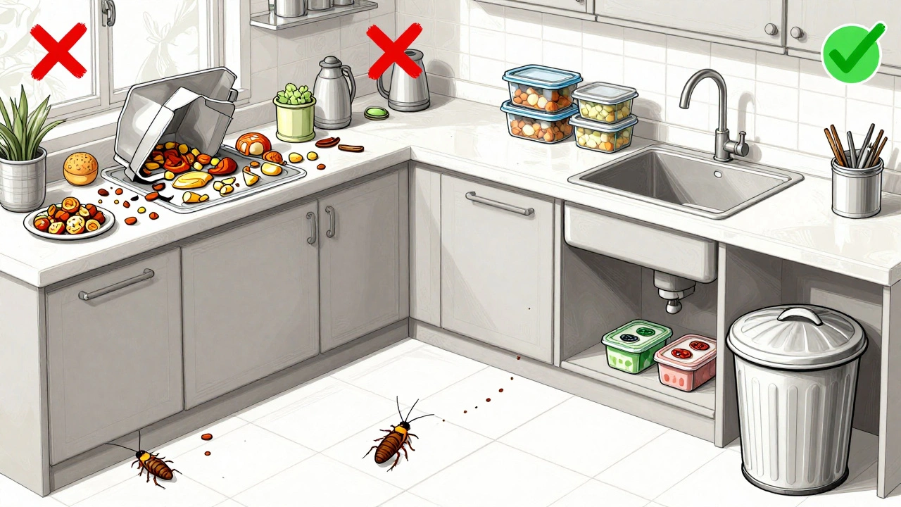 Side-by-side kitchen scenes: messy with cockroach risks vs. clean with sealed food and bait stations.