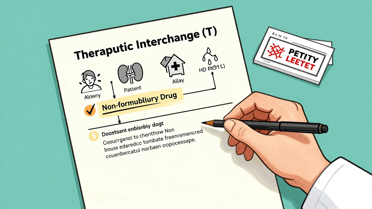 Signed Therapeutic Interchange letter with flowchart showing drug substitution steps and patient safety icons.