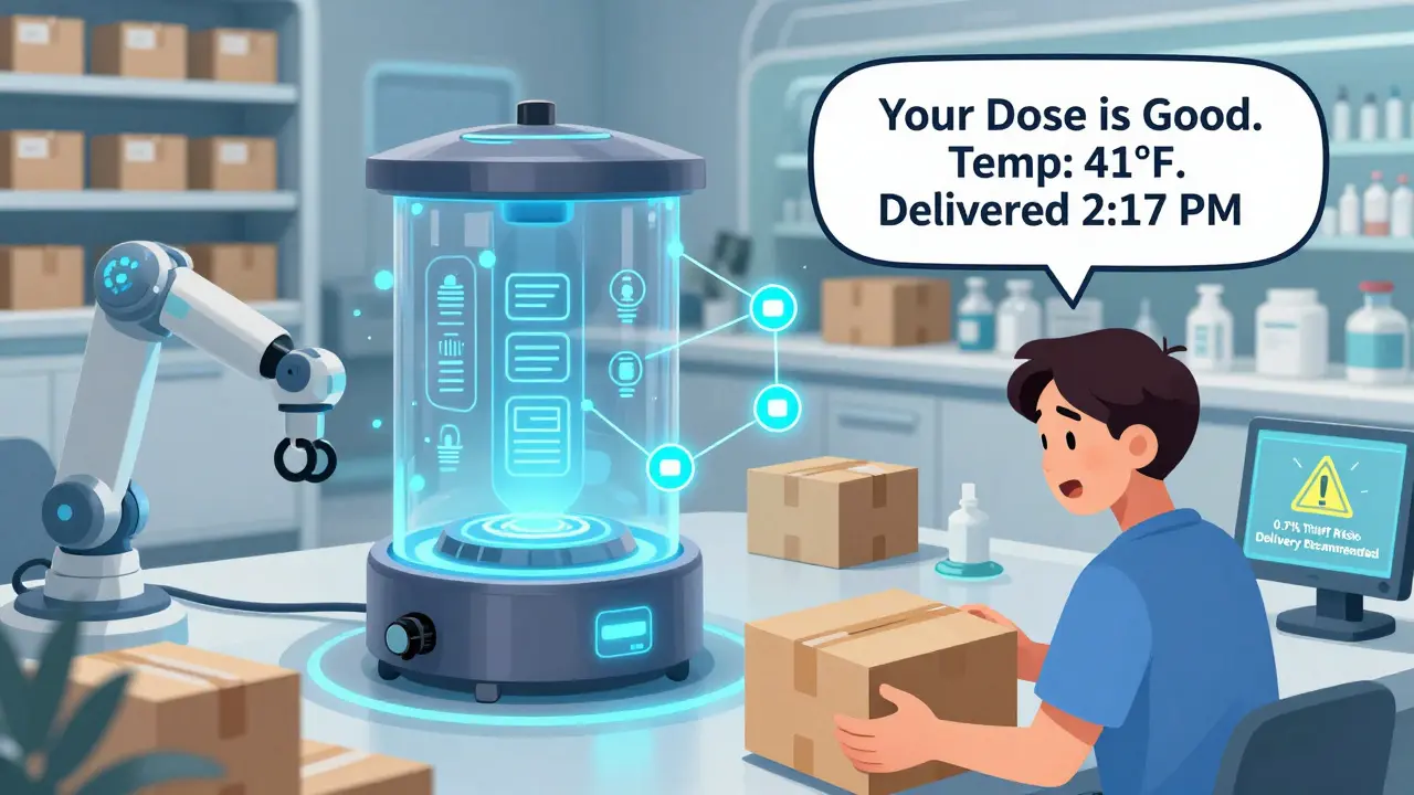 Smart packaging with glowing sensors and blockchain connection, patient opening a safe box with temperature confirmation.