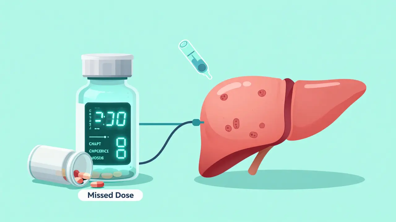 Smart pill bottle connected to a healthy liver, with stem cell therapy symbolizing future tolerance, contrasted with a missed dose.