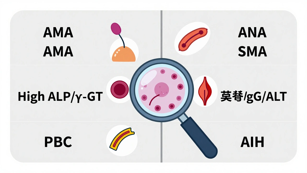 Split-panel medical illustration comparing blood markers for PBC and AIH, with overlapping diagnostic features highlighted in a biopsy slide.