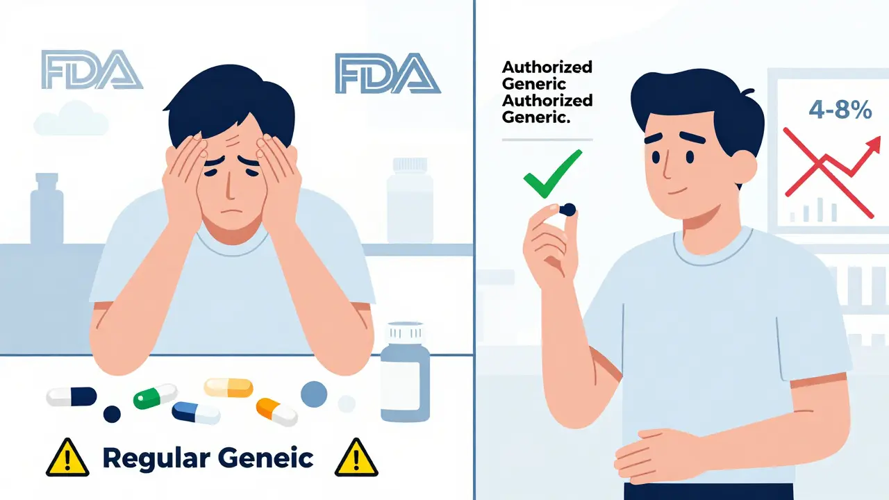 Split scene: anxious patient with varied generics vs. calm patient with authorized generic and cost savings.