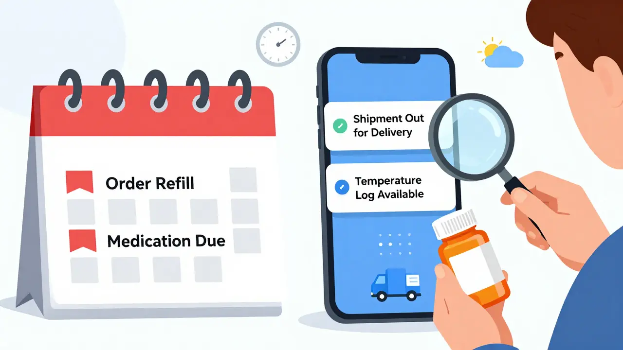 Split-screen showing calendar reminders and smartphone delivery notifications with a person inspecting a sealed pill bottle.