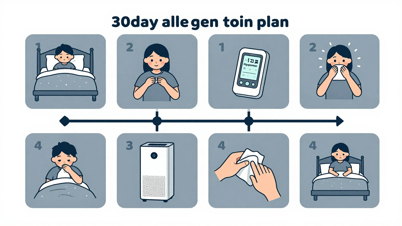 Timeline illustration of four weekly steps to reduce allergens in the home for better breathing.
