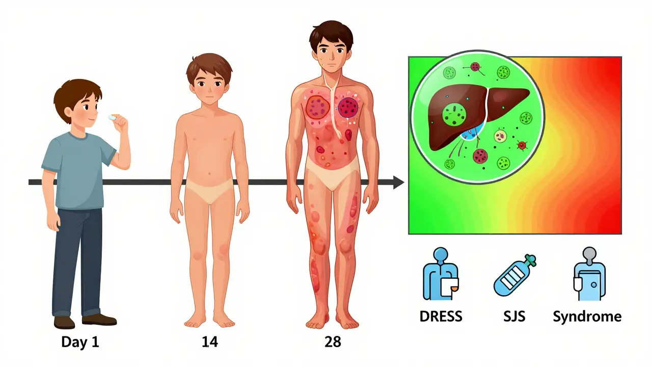 Timeline showing progression from pill intake to severe skin and liver reactions over weeks.