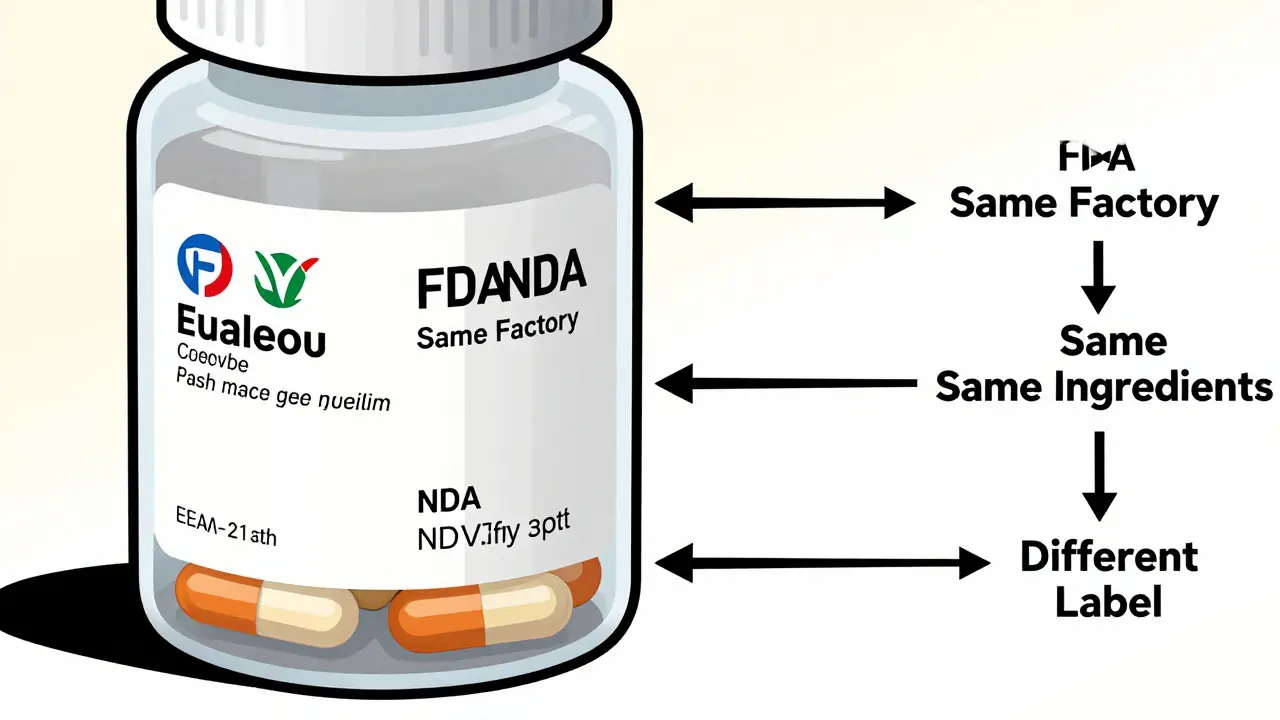 Transparent pill bottle showing identical capsules inside branded and authorized generic versions.