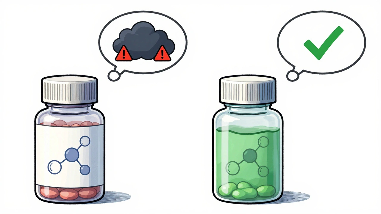 Two identical pill bottles with transparent contents, showing contrasting patient mindsets above them.