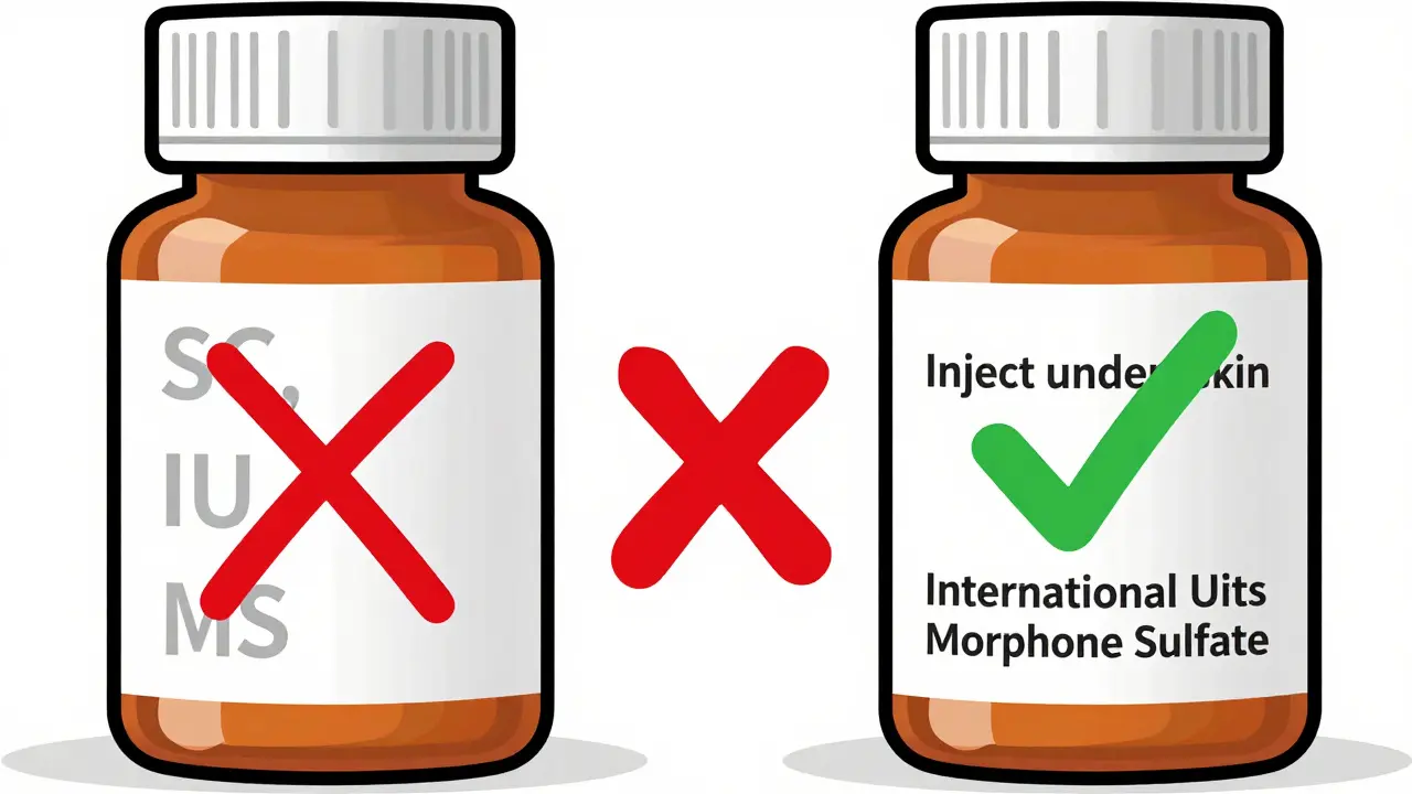 Two pill bottles side by side: one with dangerous Latin abbreviations, the other with plain English labels.