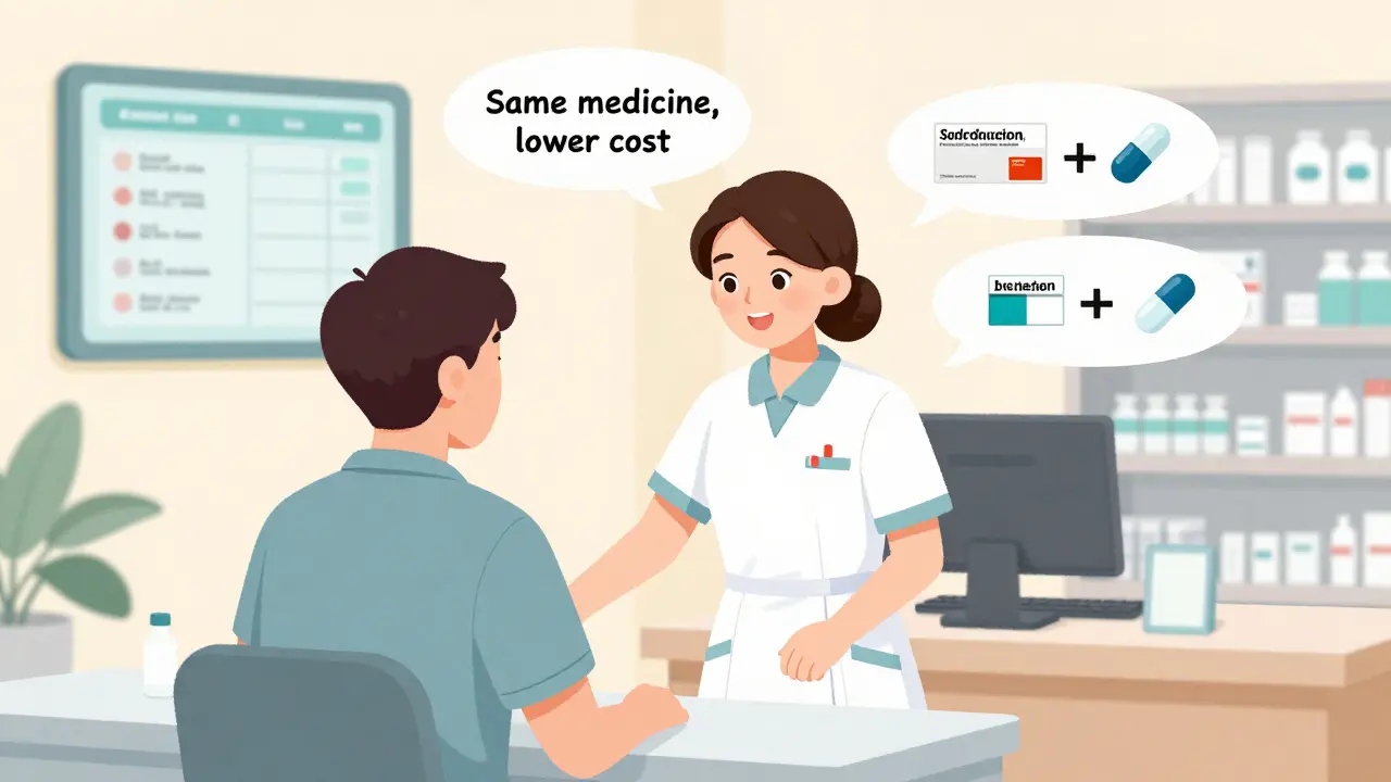 A nurse walks a patient to a pharmacist in a warm handoff, with visual icons showing brand-name pills becoming generic.