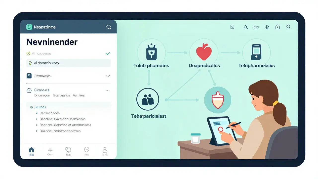 An AI system suggests generic drug alternatives while a rural patient consults a telepharmacist via video call.