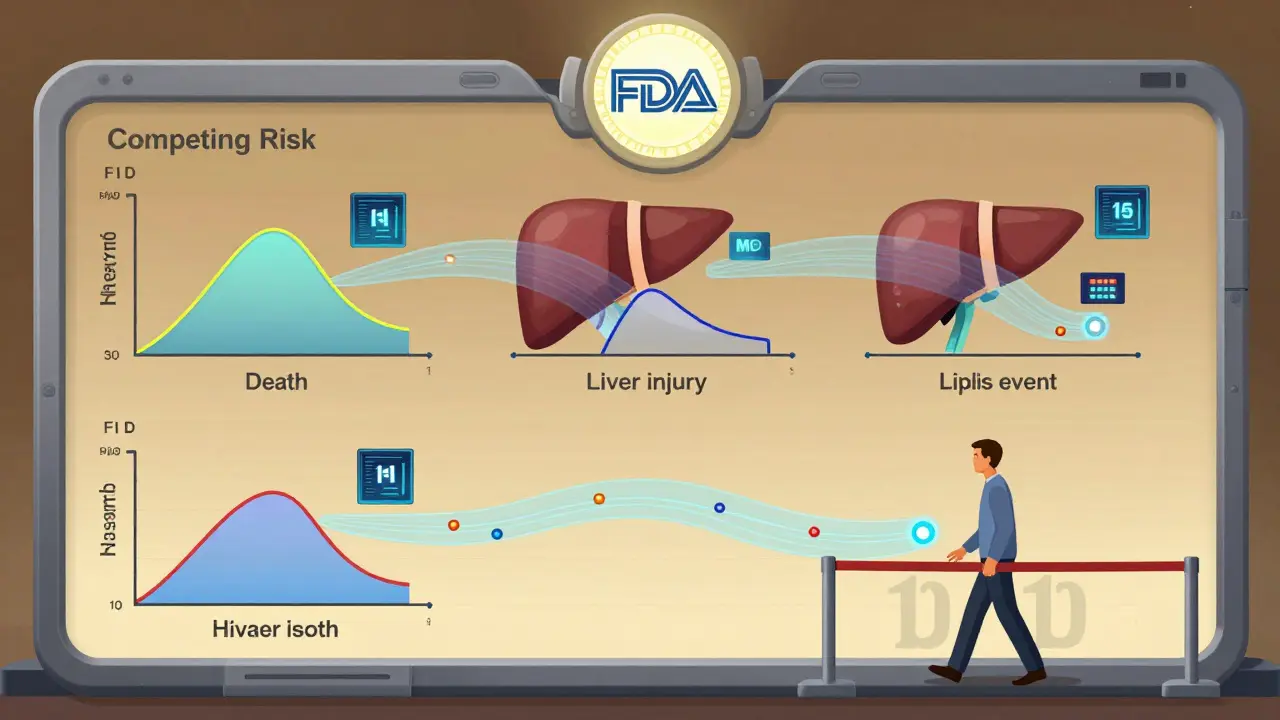 Animated hazard curves for death, liver injury, and kidney events with machine learning data flows in a clinical trial dashboard.