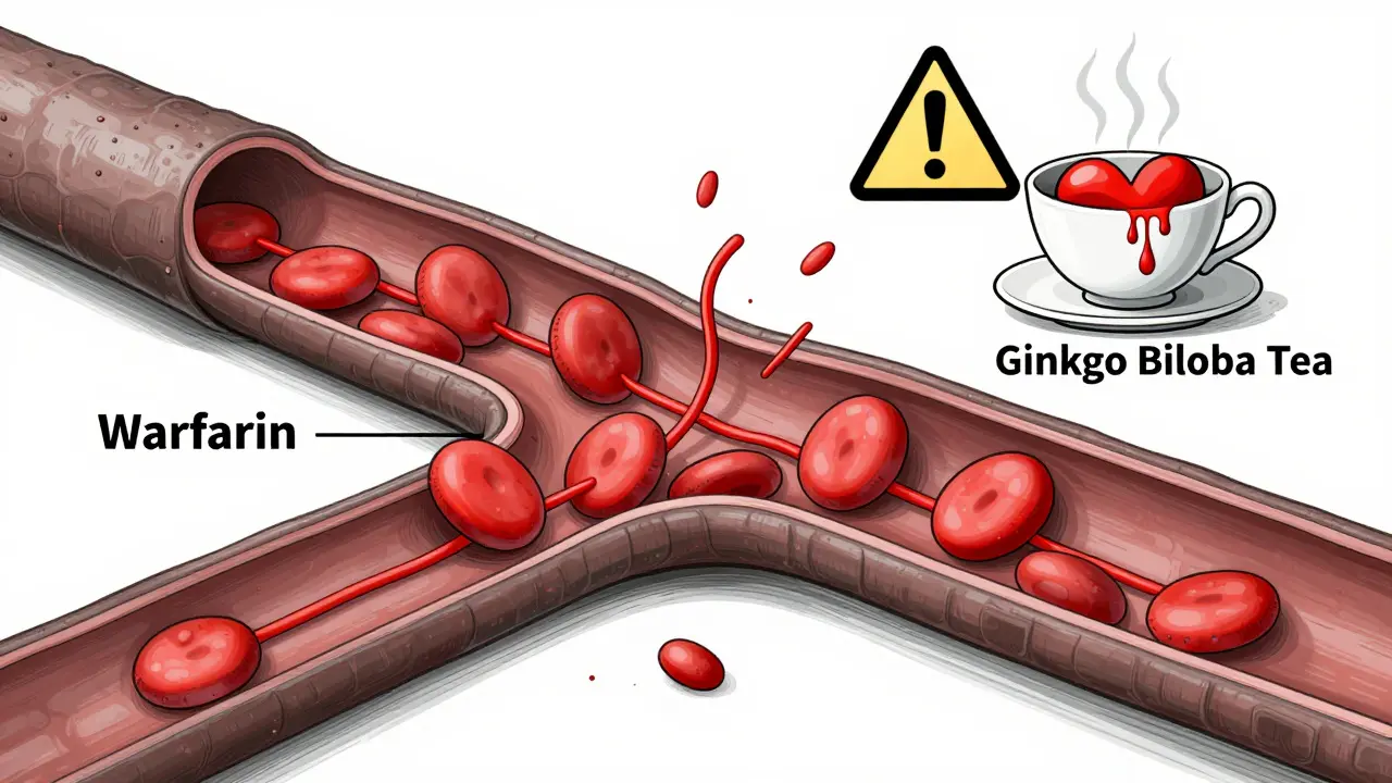 Blood vessels clashing as herbal tea and blood thinner combine to cause excessive thinning and bleeding risk.