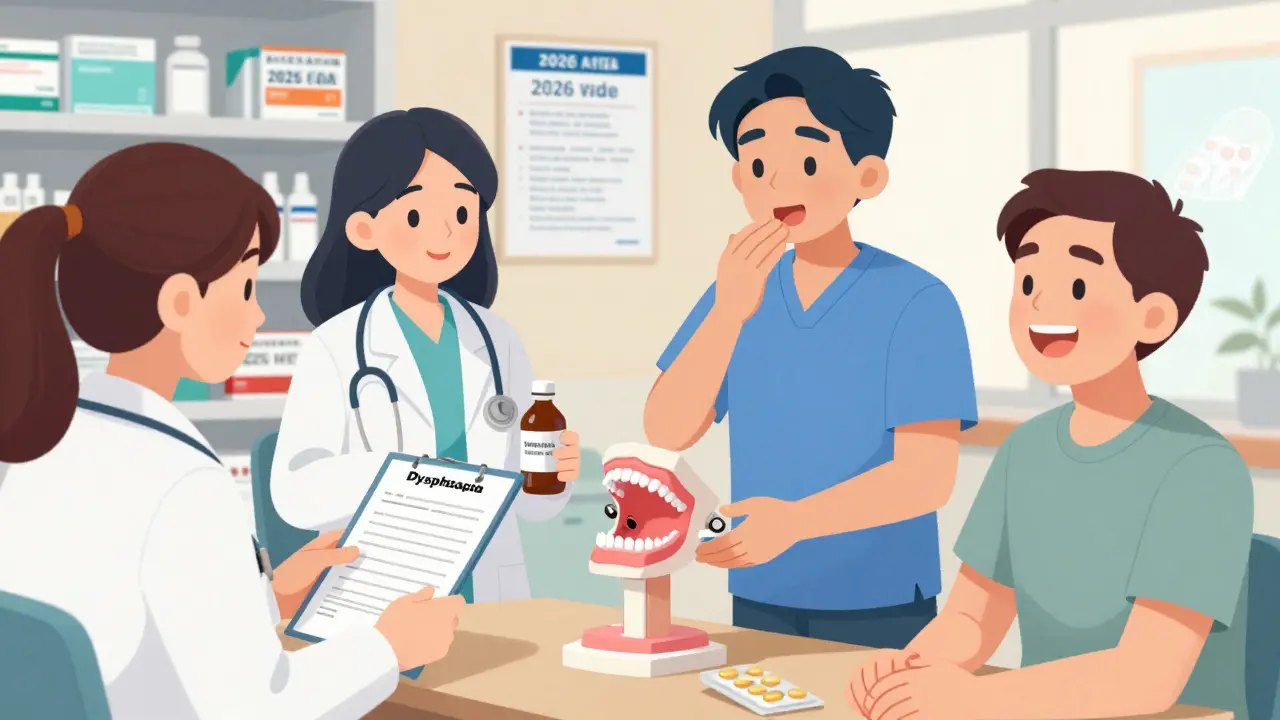 Care team helping a patient with dysphagia using liquid meds, dissolvable films, and swallowing techniques.