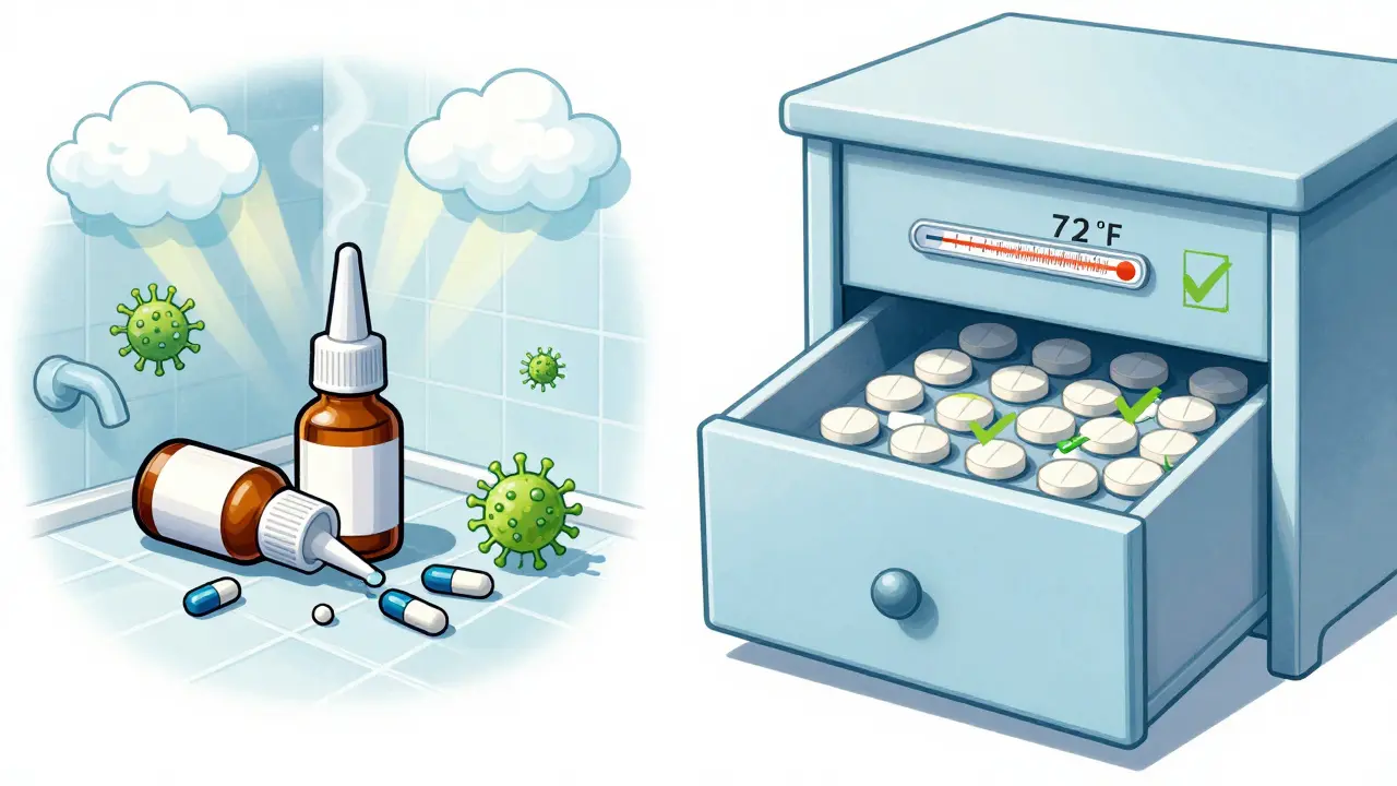 Contrasting bathroom and bedroom storage conditions affecting medicine stability.