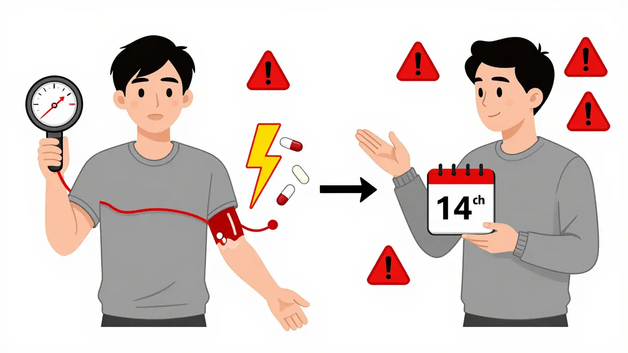 Contrasting figures: one with dangerous drug combo causing high blood pressure spike, another with safe separation.