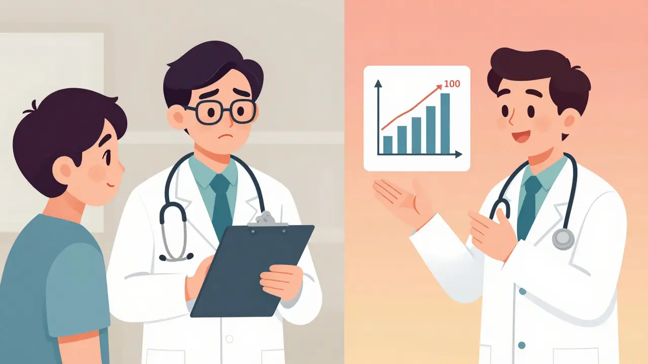 Contrasting scenes: confused patient vs. informed patient with clear risk visualization.