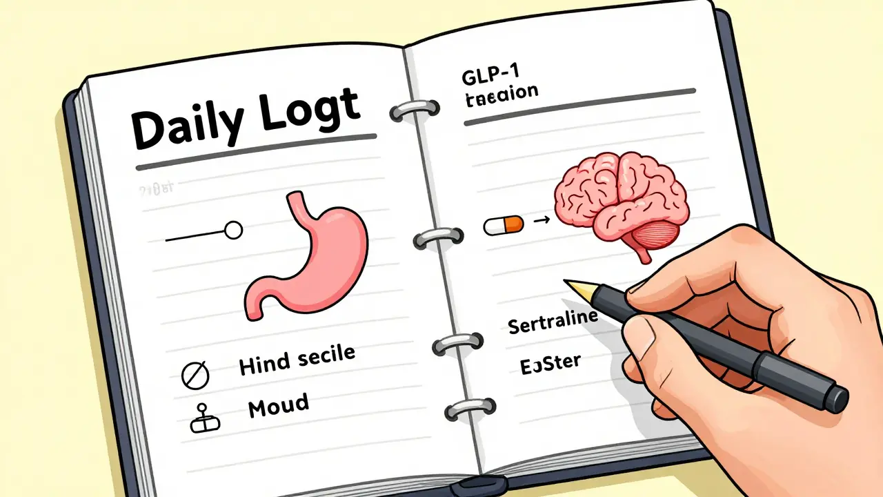 Daily log with medication timing, stomach delay, and mood drop due to reduced antidepressant absorption.