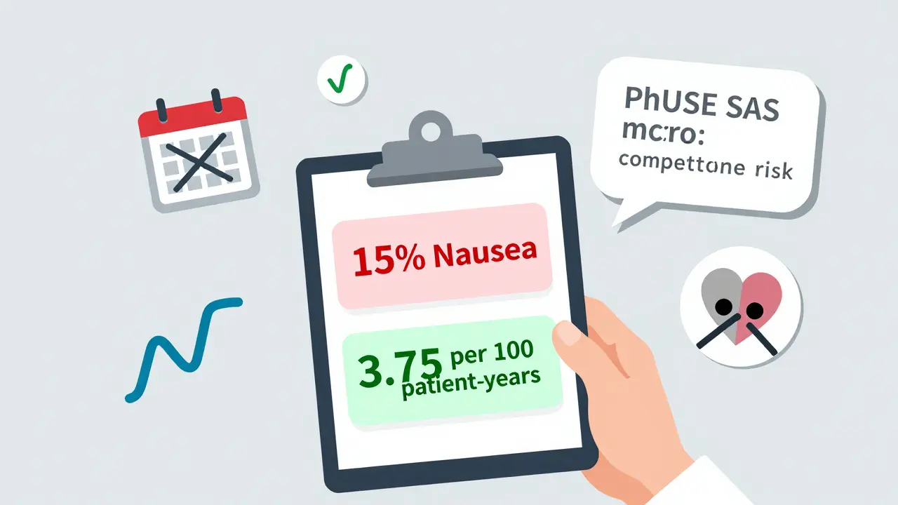 Doctor comparing misleading percentage label with precise EAIR metric, surrounded by icons of time, recurrence, and competing risks.