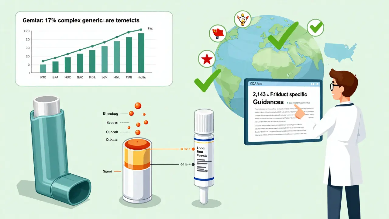 Exploded views of complex generic drugs like inhalers and creams with particle and release mechanisms, surrounded by FDA guidance icons.
