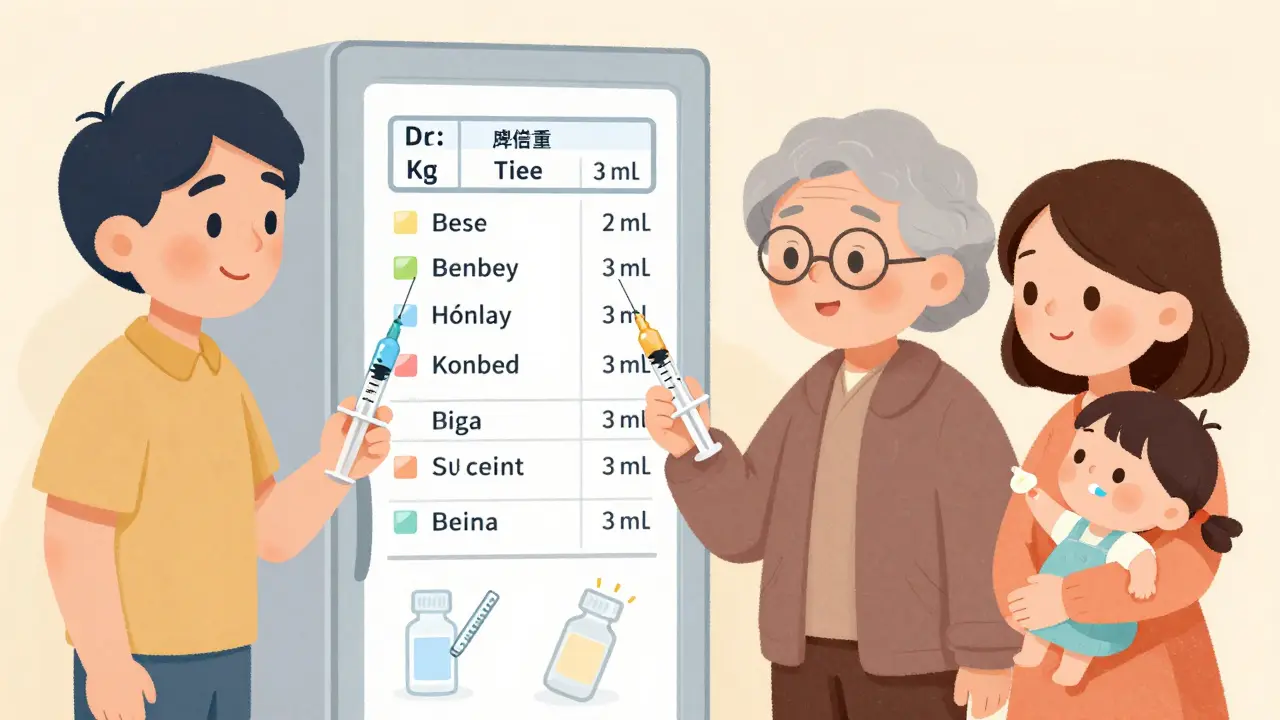 Family members using color-coded syringes while referring to a medication chart on the fridge.