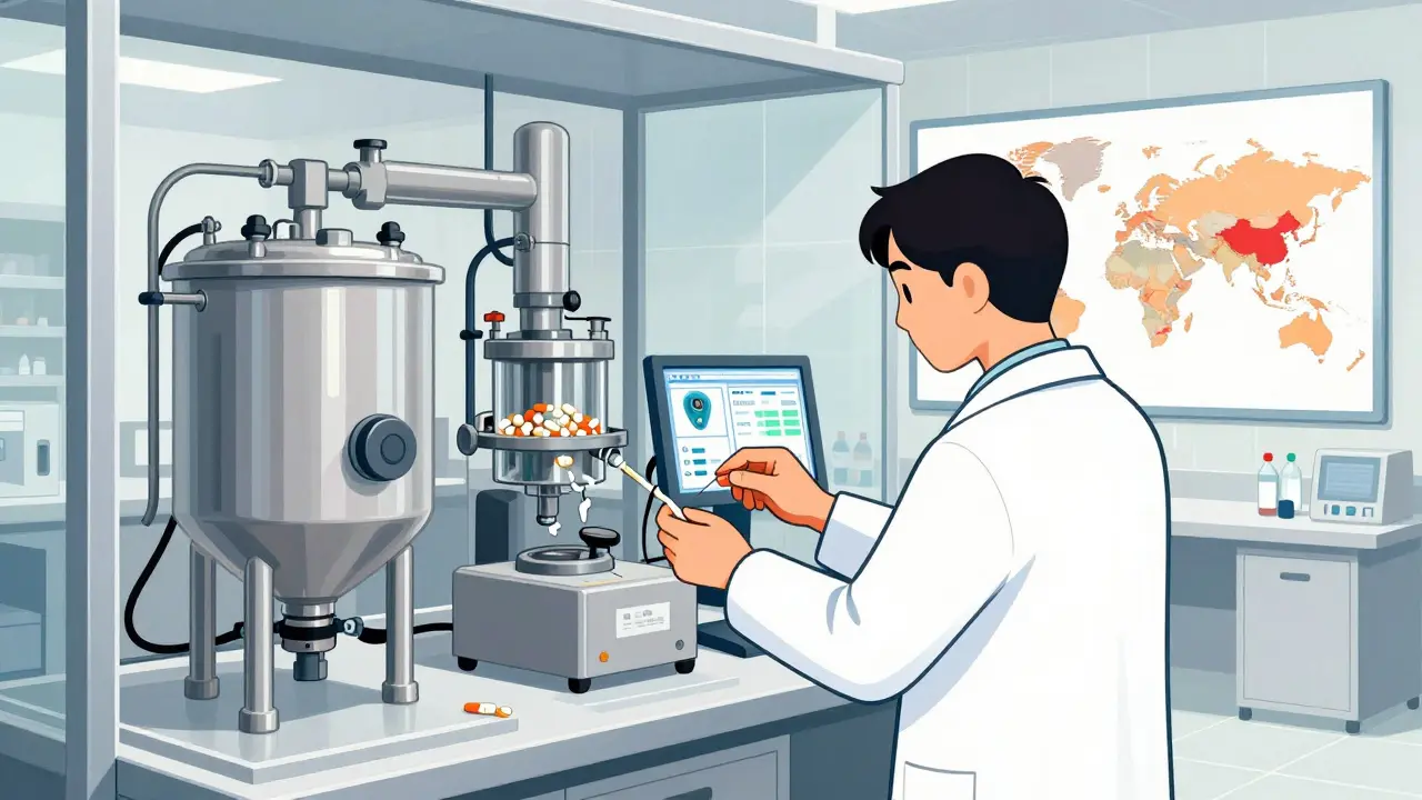FDA inspector examining generic drug production equipment with quality control monitors and global sourcing map.