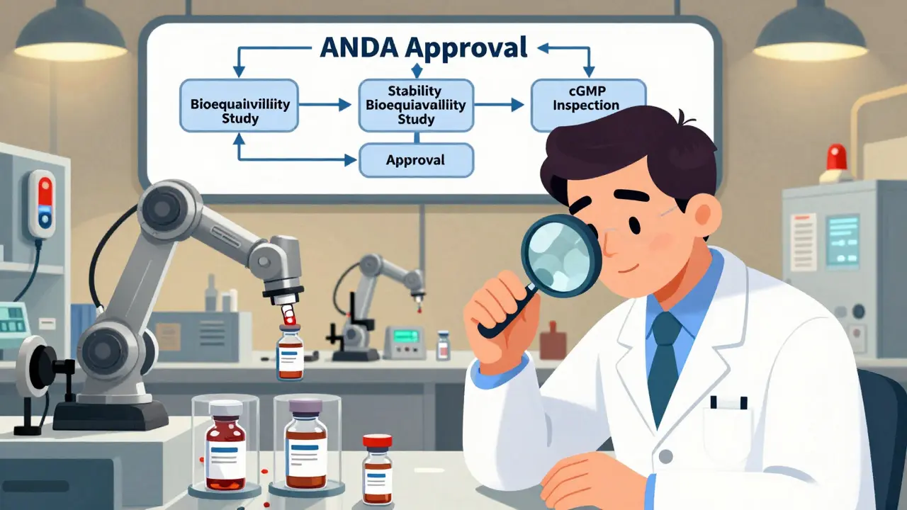 FDA inspector in a lab examining medication while a global manufacturing facility operates with quality control systems.