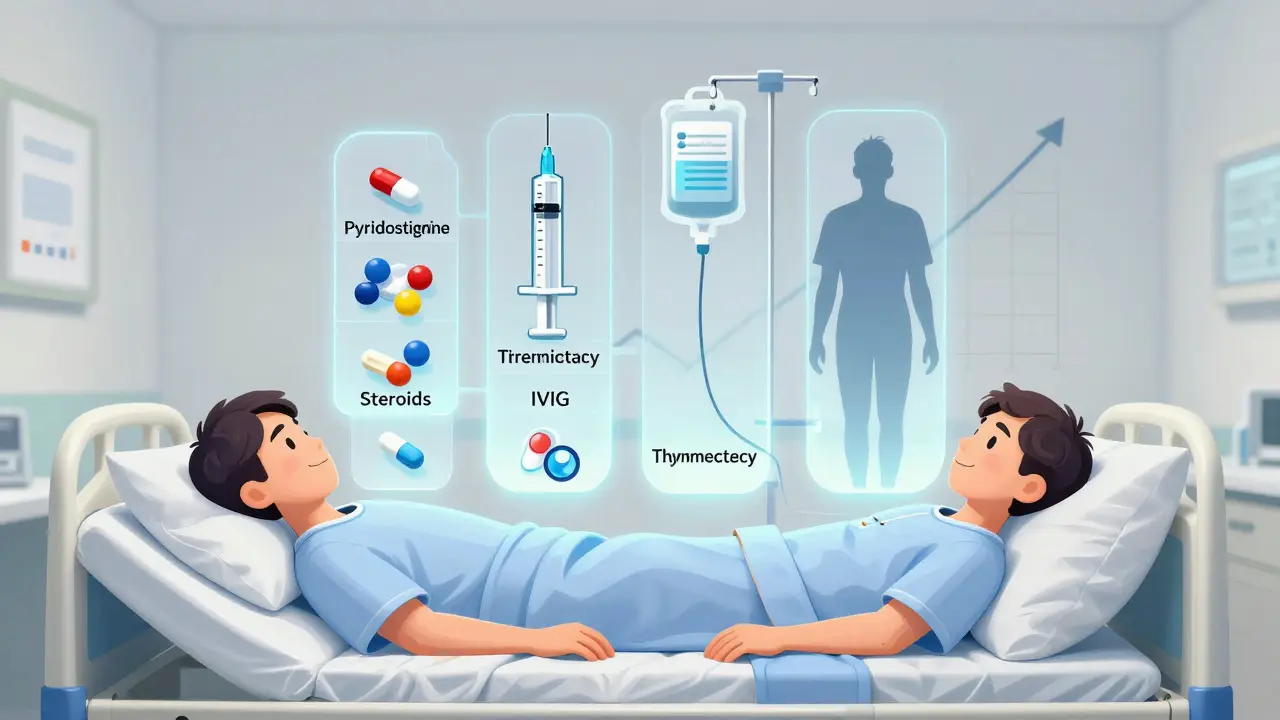 Four treatment layers floating above a patient, illustrating MG therapy pillars.