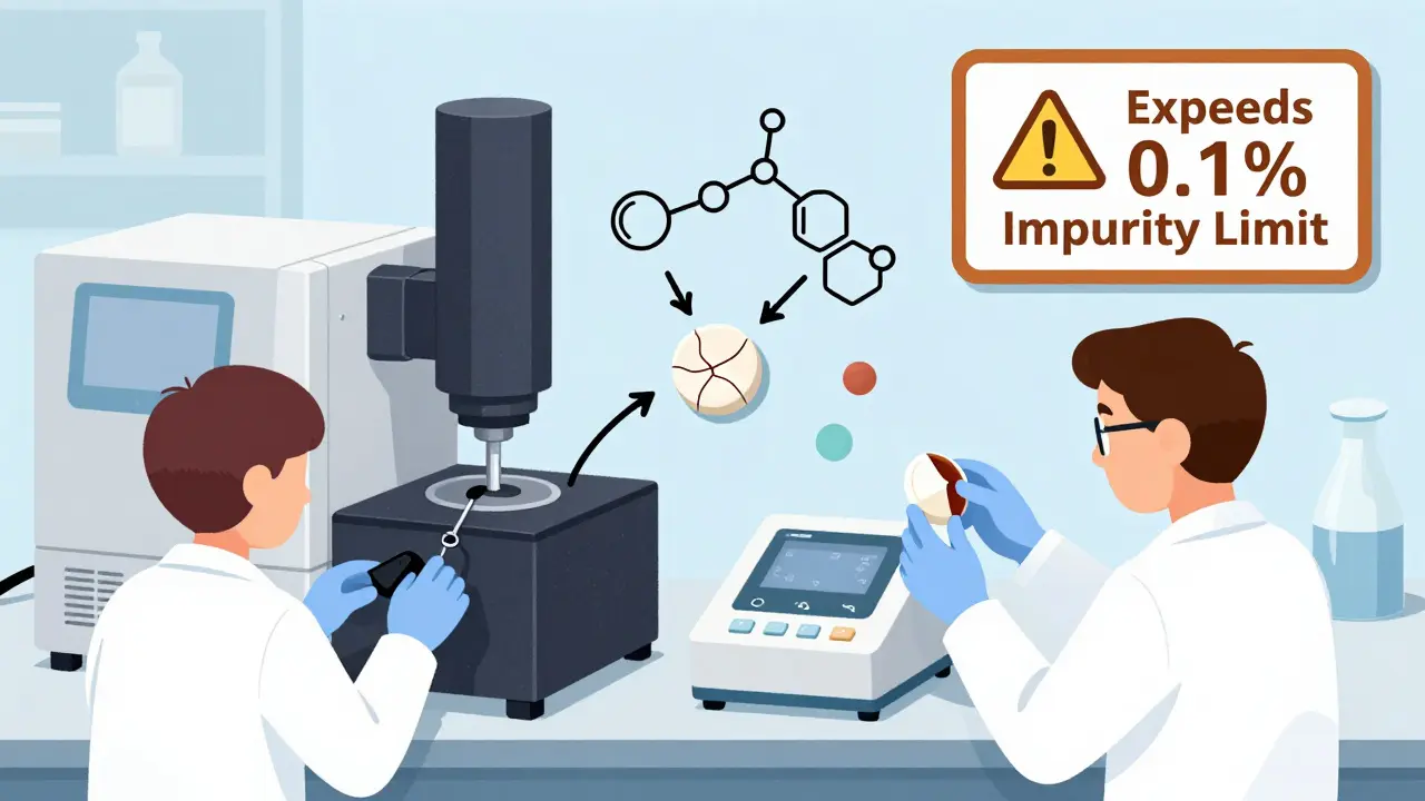 Laboratory scene showing scientists testing degraded tablets with scientific instruments and impurity indicators.