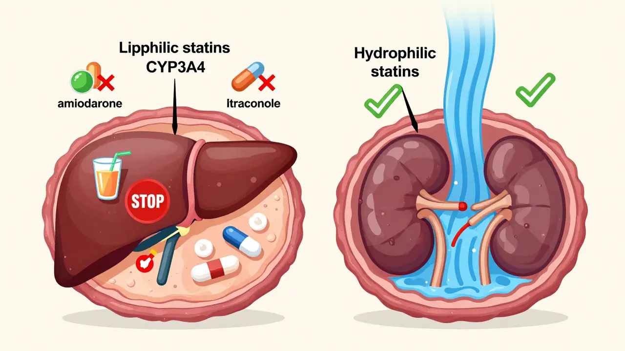 Liver and kidney metabolism pathways of statins with CYP3A4 enzyme interactions and grapefruit juice warning.