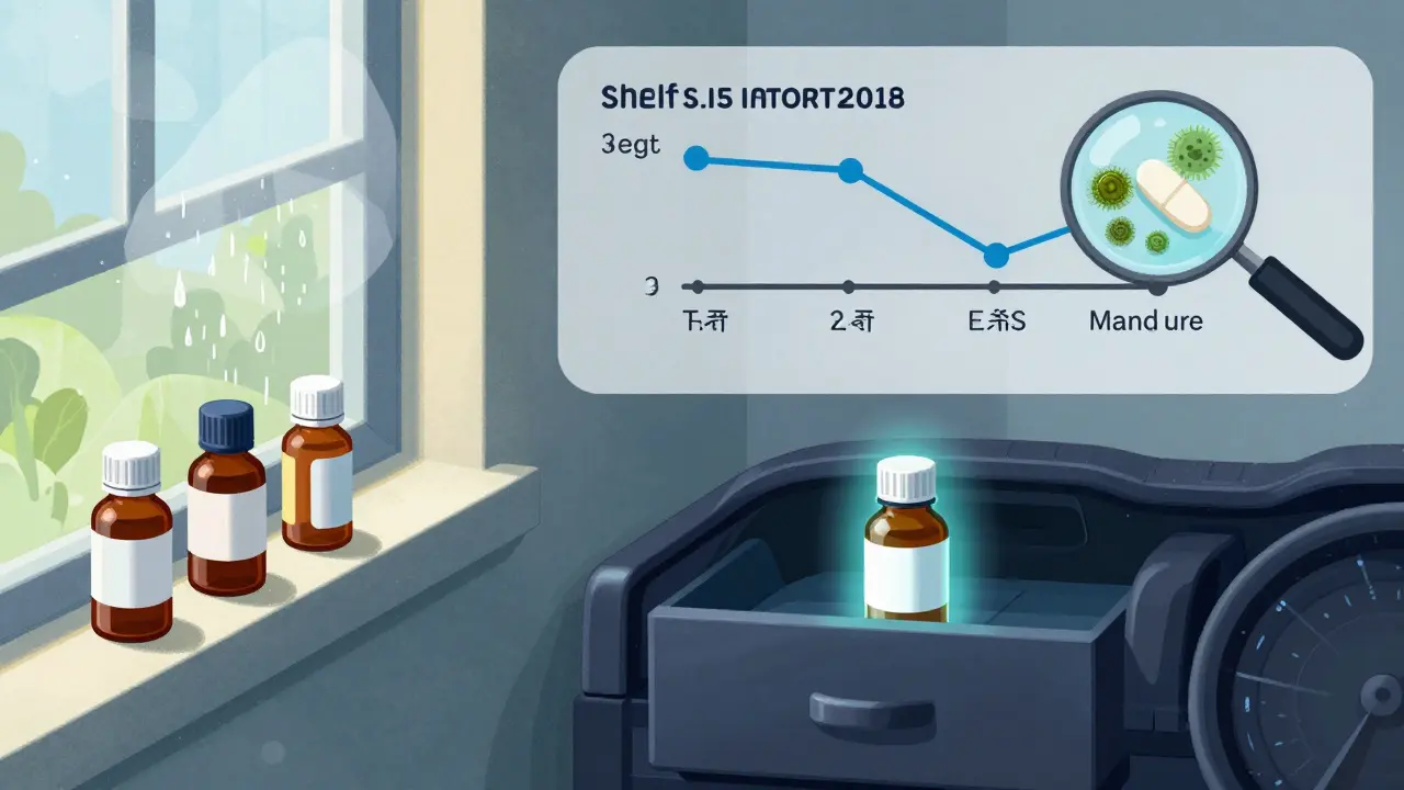 Medication stored in unsafe home environments versus a safe drawer, with visual timeline of shelf life reduction.