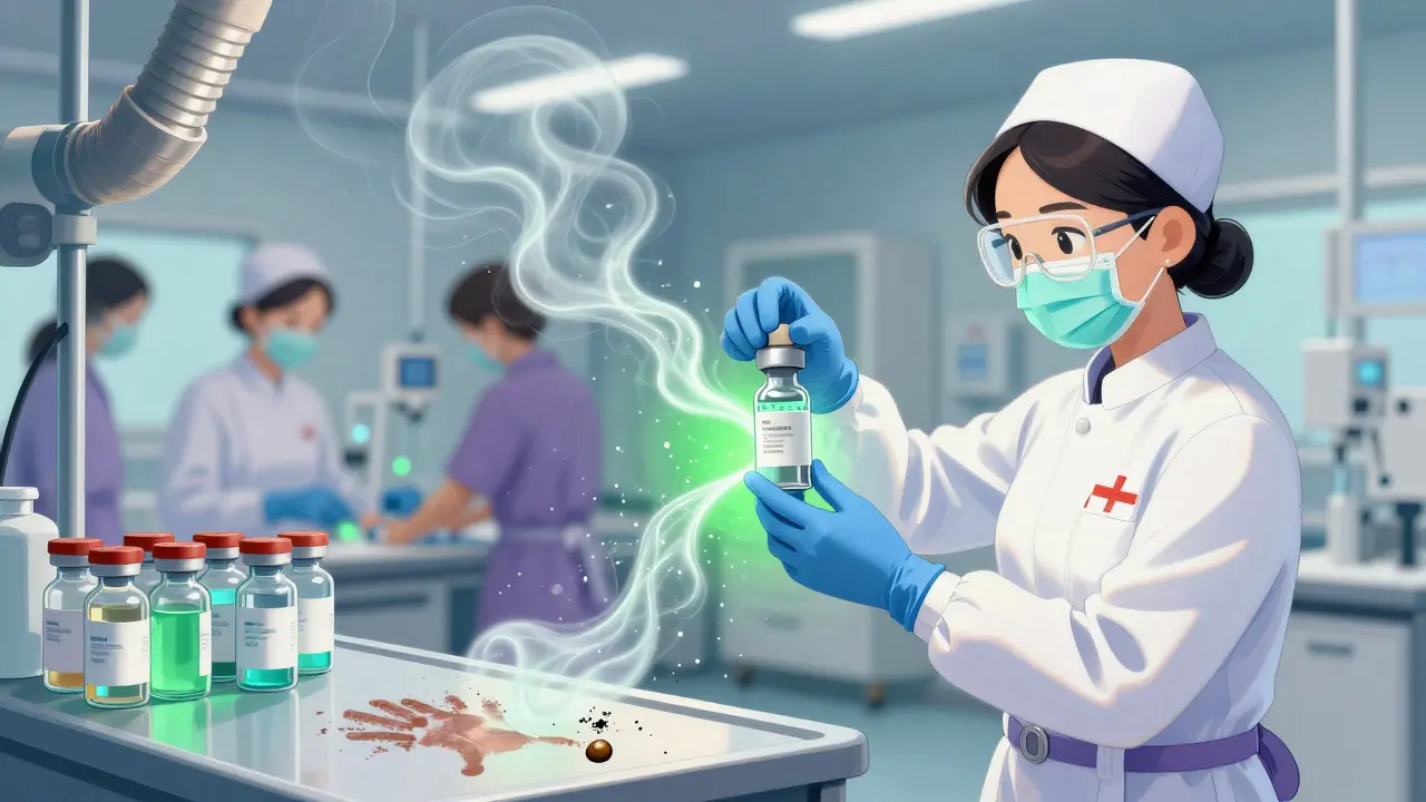 Nurse handling chemotherapy vial with invisible toxic aerosols spreading in the air