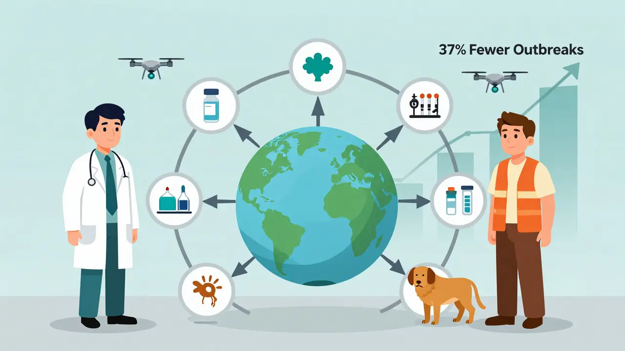 One Health network connecting doctor, vet, and farmer with surveillance and vaccination icons