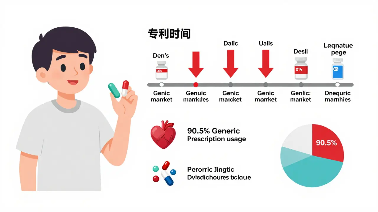 Patient holding two pill types next to patent timeline and U.S. prescription usage statistics.