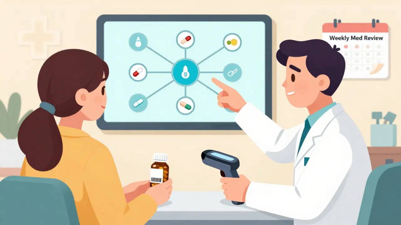 Pharmacist and patient reviewing a complex drug interaction map on a digital display during a clinic visit.