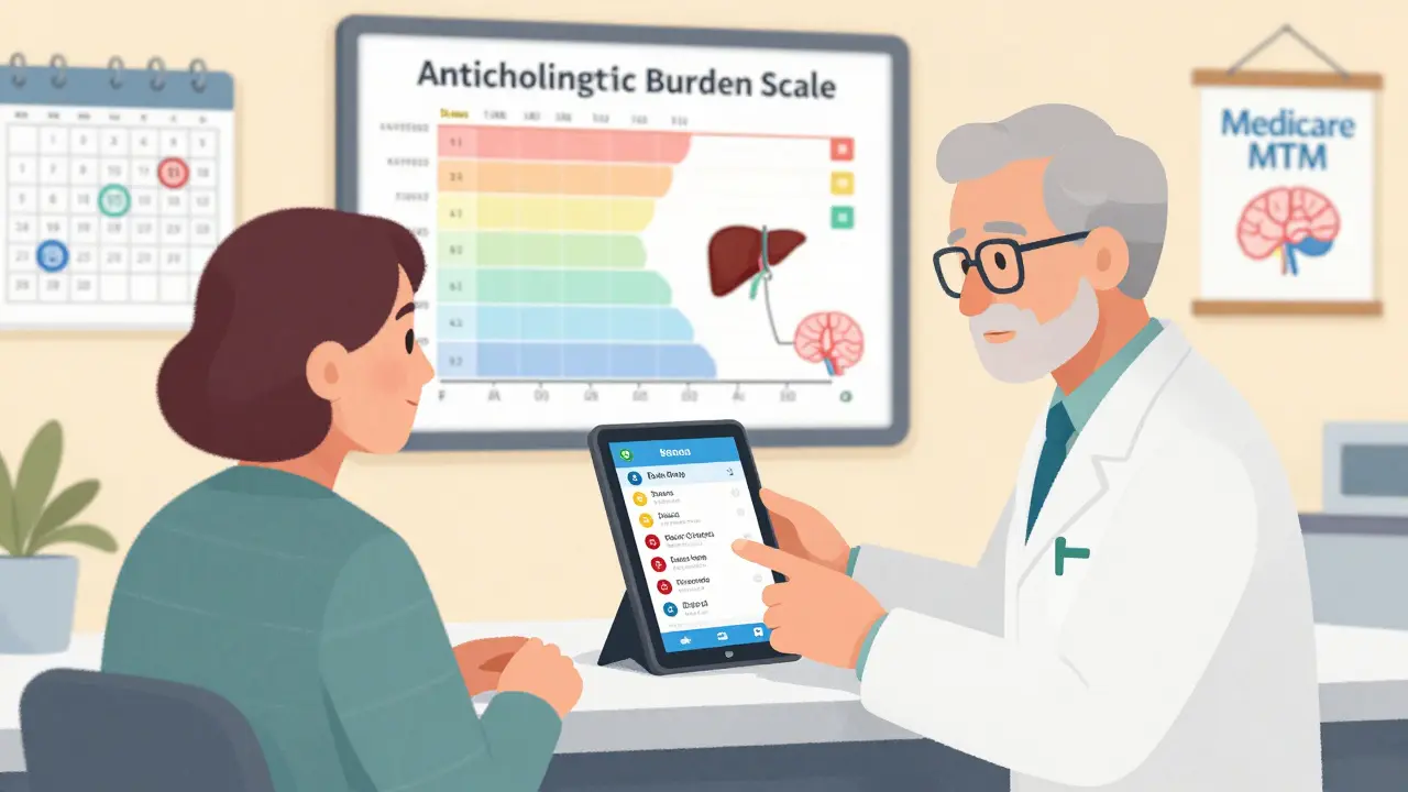Pharmacist helping senior use medication review app with Beers Criteria alerts and anticholinergic burden chart.