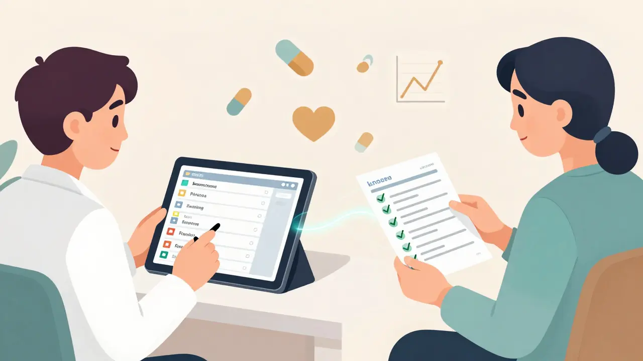 Pharmacist reviewing digital medication list while patient holds printed summary of changes.