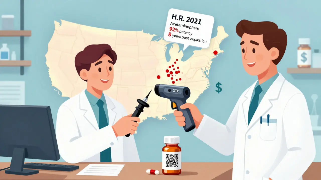 Pharmacist scanning pill bottle with digital potency data and U.S. take-back kiosk map.