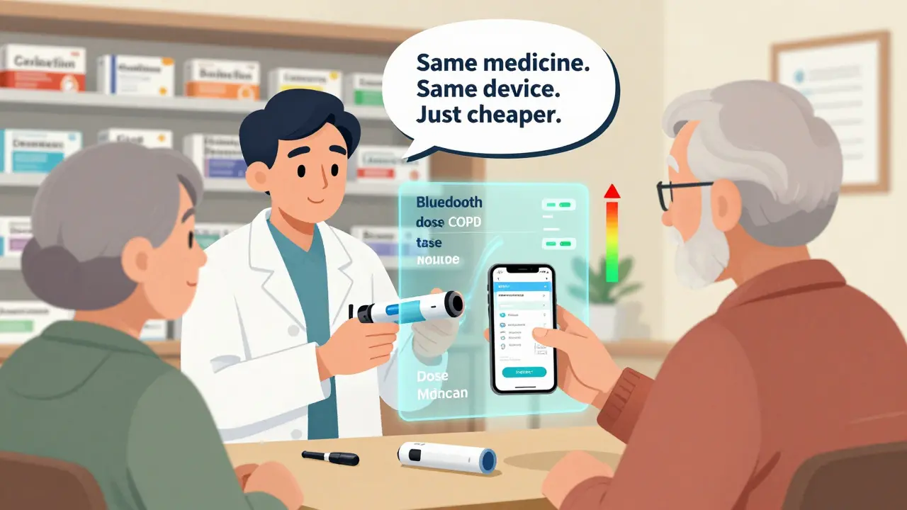 Pharmacist showing a smart auto-injector to a patient with a digital dose tracker on screen.