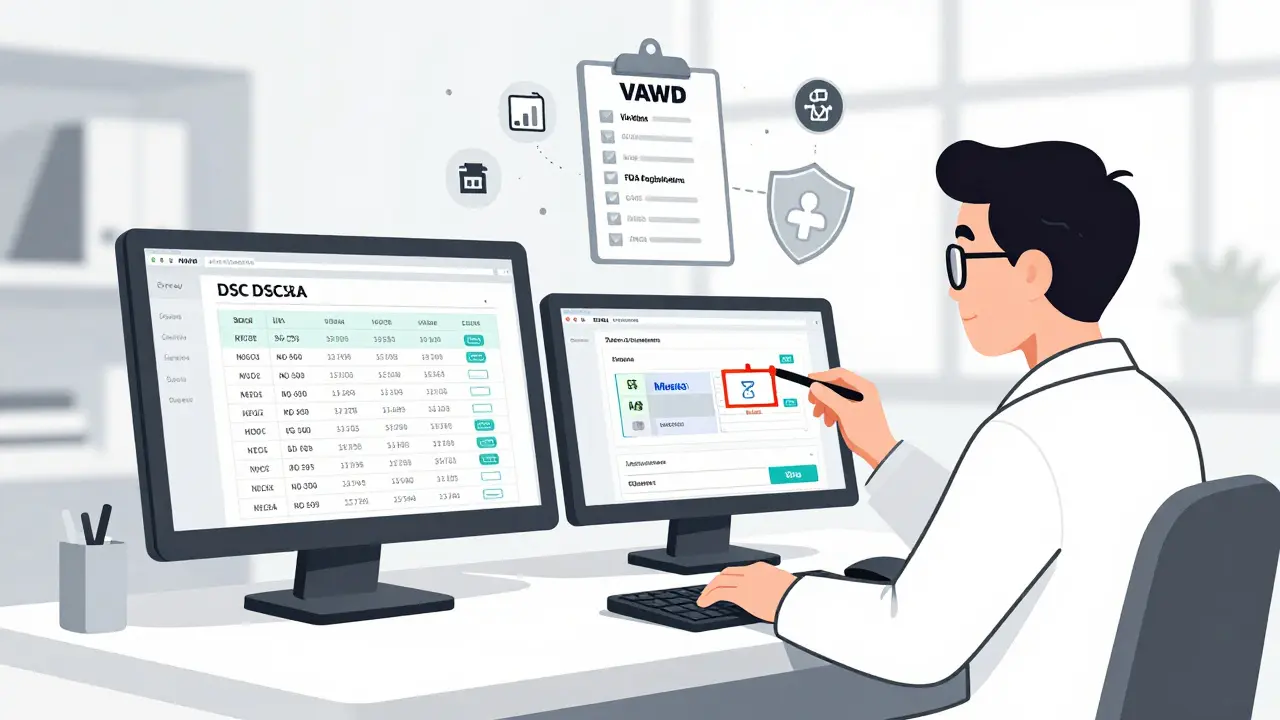 Pharmacist verifying digital transaction records against compliance icons for FDA, VAWD, and recordkeeping.