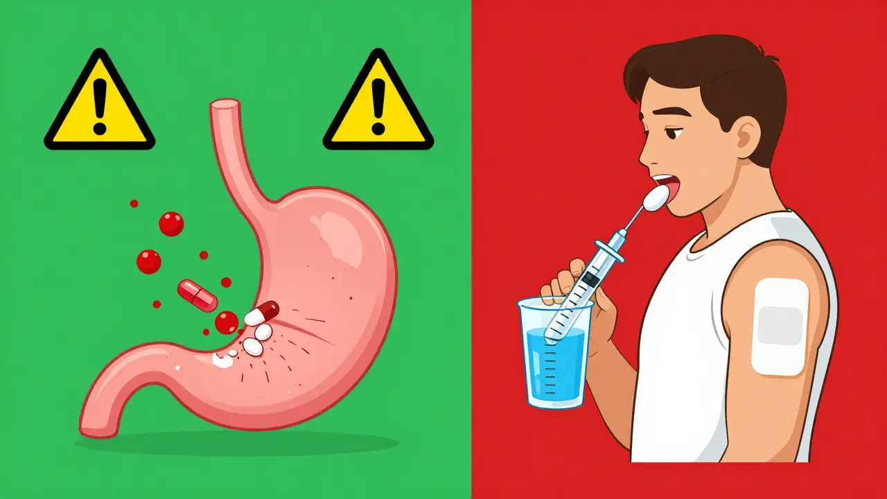 Side-by-side comparison: dangerous crushed pill vs. safe liquid, dissolvable tablet, and skin patch.