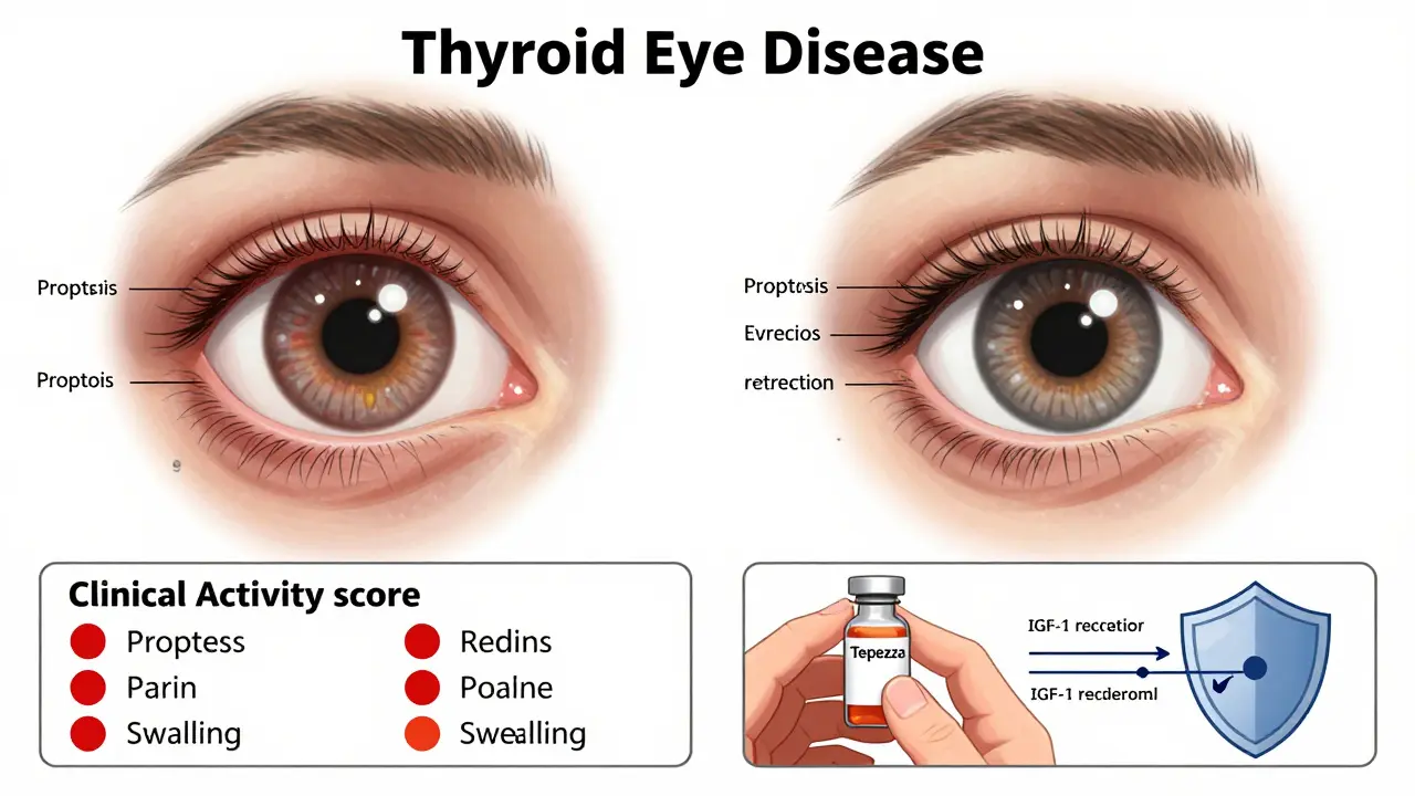 Side-by-side comparison of healthy and TED-affected eyes with key symptoms and Tepezza mechanism illustrated.